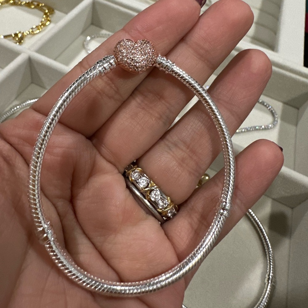Rose Gold Pave Heart Pandora Charm Snake Bracelet